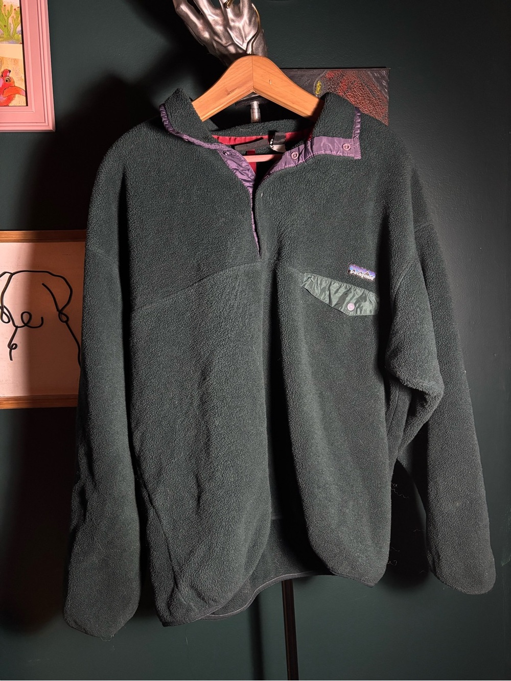 Vtg Patagonia Dark Green Fleece with Purple Trim